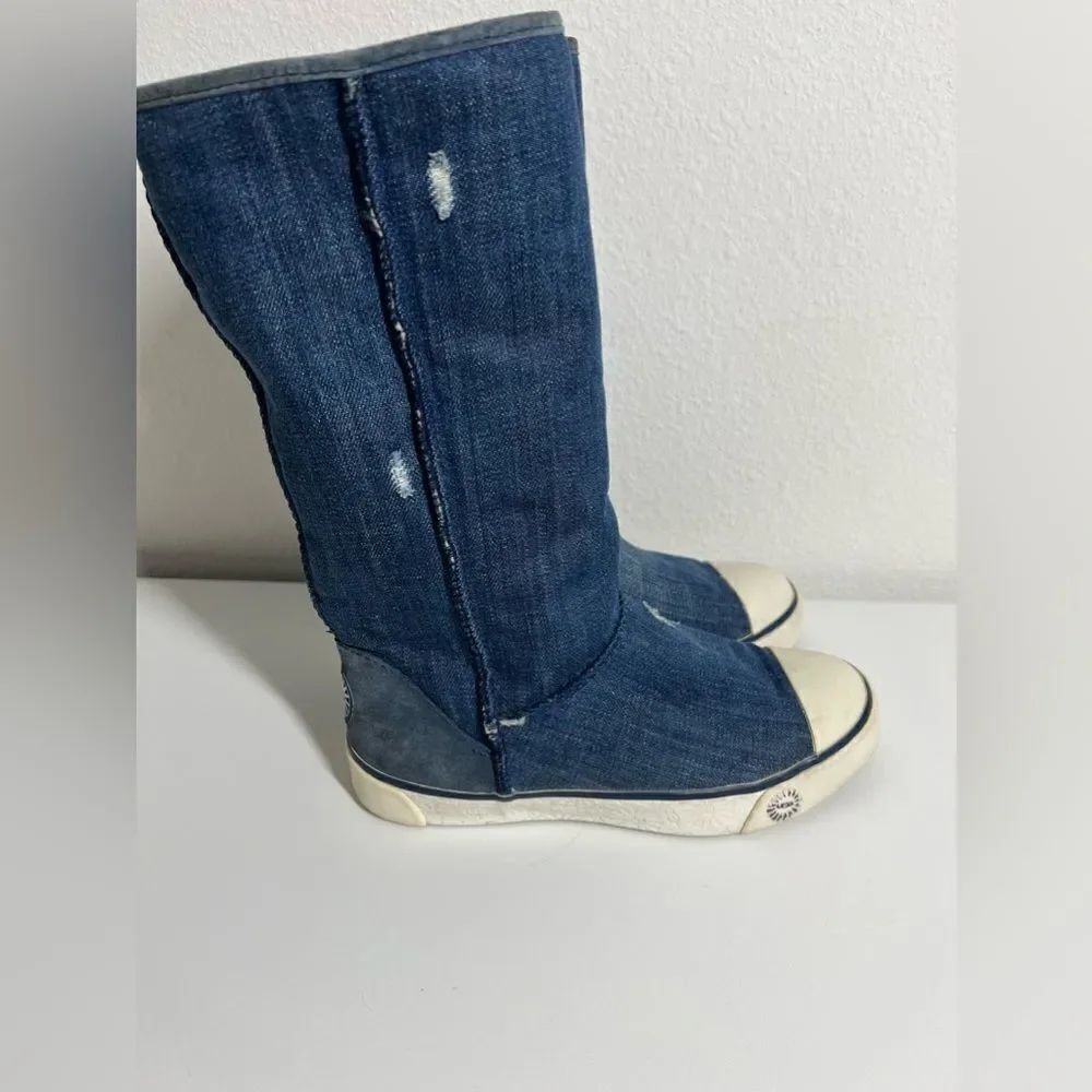 SUPER RARE UGG AUSTRALIA DELAINE DISTRESSED DENIM  SHEARLING FUR BOOT Size 6